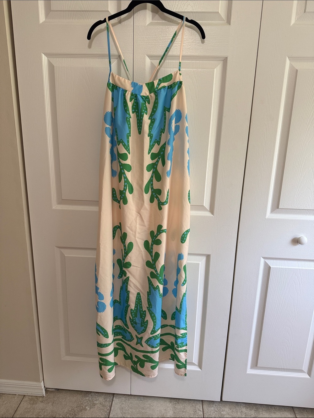Cream Maxi Sundress with Green & Blue Botanical Print